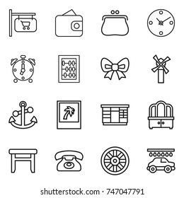 thin line icon set : shop signboard, wallet, purse, clock, alarm, abacus, bow, windmill, anchor, photo, wardrobe, dresser, stool, phone, wheel, car wash