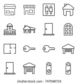 thin line icon set : shop, wc, home, mansion, house with garage, door, arch window, plan, key, do not distrub, please clean