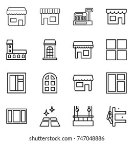 thin line icon set : shop, cashbox, mansion, building, window, arch, clean floor, skysrcapers cleaning, skyscrapers