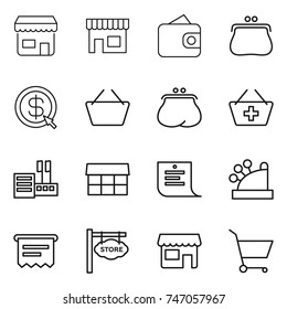 thin line icon set : shop, wallet, purse, dollar arrow, basket, add to, store, market, shopping list, cashbox, atm receipt, signboard, cart