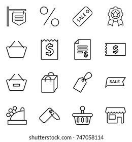 thin line icon set : shop signboard, percent, sale, medal, basket, receipt, account balance, remove from, shopping bag, label, cashbox