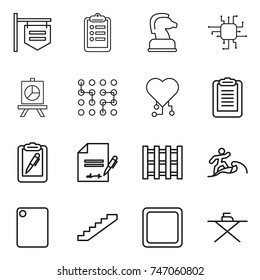 thin line icon set : shop signboard, clipboard, chess horse, chip, presentation, cardio, pen, inventory, pallet, surfer, cutting board, stairs, iron