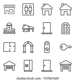 thin line icon set : shop, wc, home, mansion, house with garage, door, arch window, plan, do not distrub, key, fridge