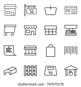 thin line icon set : shop, signboard, basket, card, delivery, market, scales, shopping list, bag, bar code, warehouse, pallet, heavy
