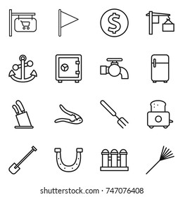 thin line icon set : shop signboard, flag, dollar coin, loading, anchor, safe, water tap, fridge, stands for knives, walnut crack, big fork, toaster, shovel, horseshoe, grain elevator, rake