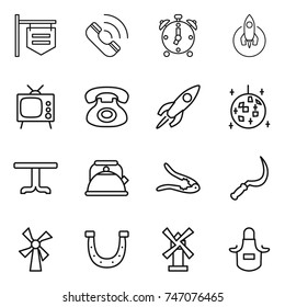 thin line icon set : shop signboard, call, alarm clock, rocket, tv, phone, disco ball, table, kettle, walnut crack, sickle, windmill, horseshoe, apron