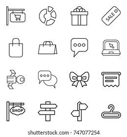 thin line icon set : shop signboard, circle diagram, gift, sale, shopping bag, message, notebook, satellite, discussion, bow, atm receipt, singlepost, signpost, hanger
