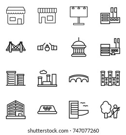 thin line icon set : shop, billboard, store, bridge, drawbridge, goverment house, mall, district, city, palace, office, taxi, hotel, garden cleaning