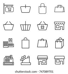 thin line icon set : shop signboard, basket, shopping bag, delete cart, store, cashbox