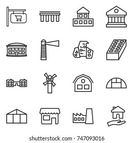 thin line icon set : shop signboard, bridge, cottage, library, airport building, lighthouse, modern architecture, brick, school, windmill, house, greenhouse, factory, housing