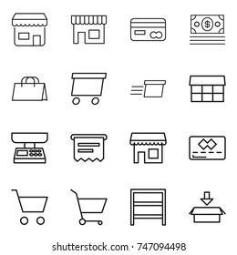 thin line icon set : shop, card, money, shopping bag, delivery, market, scales, atm receipt, credit, cart, rack, package