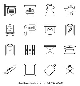 thin line icon set : shop signboard, presentation, chess horse, chip, clipboard pen, check, pallet, iron board, cutting, stairs