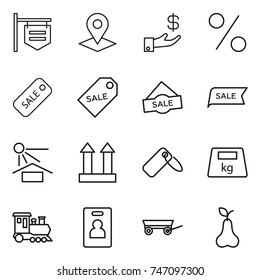 thin line icon set : shop signboard, pointer, investment, percent, sale, label, sun potection, cargo top sign, heavy, train, identity card, trailer, pear