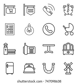 thin line icon set : shop signboard, call, alarm clock, abacus, rocket, phone, baby stroller, church, table, dresser, fridge, kettle, horseshoe, windmill