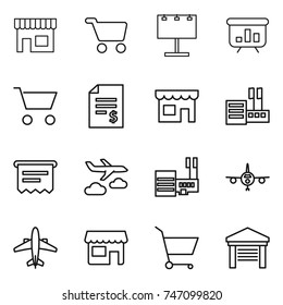 thin line icon set : shop, cart, billboard, presentation, account balance, store, atm receipt, journey, mall, plane, airplane, garage