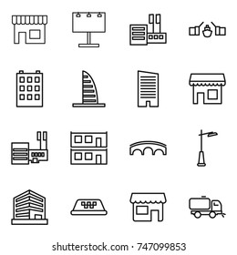 thin line icon set : shop, billboard, store, drawbridge, building, skyscraper, mall, modular house, bridge, outdoor light, office, taxi, sweeper