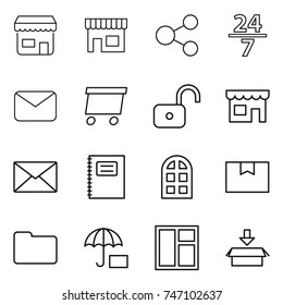 thin line icon set : shop, share, 24 7, mail, delivery, unlock, copybook, arch window, package box, documents, insurance