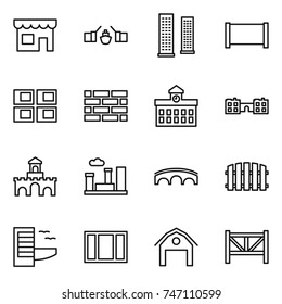 thin line icon set : shop, drawbridge, skyscrapers, fence, panel house, brick wall, university, school, fort, city, bridge, hotel, window, barn, farm