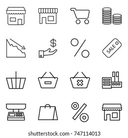 thin line icon set : shop, cart, coin stack, crisis, investment, percent, sale, basket, remove from, delete, store, market scales, shopping bag