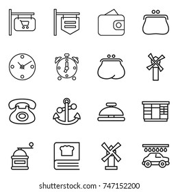 thin line icon set : shop signboard, wallet, purse, clock, alarm, windmill, phone, anchor, service bell, wardrobe, hand mill, cooking book, car wash