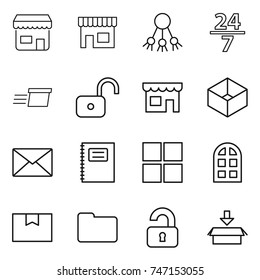 thin line icon set : shop, share, 24 7, delivery, unlock, box, mail, copybook, window, arch, package, documents, unlocked