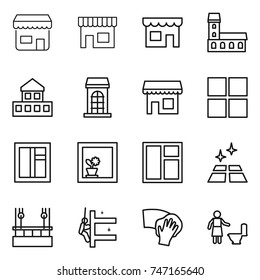 thin line icon set : shop, mansion, cottage, building, window, flower in, clean floor, skysrcapers cleaning, skyscrapers, wiping, toilet