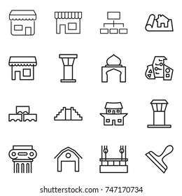 thin line icon set : shop, hierarchy, project, airport tower, minaret, modern architecture, block wall, pyramid, japanese house, antique column, barn, skysrcapers cleaning, scraper