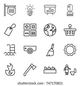 thin line icon set : shop signboard, bulb, presentation, crystal memory, label, calculator, globe, basket, pool, surveillance camera, broom, induction oven, fire, axe, seedling, toilet cleaning