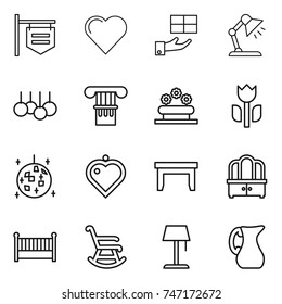 thin line icon set : shop signboard, heart, gift, table lamp, sale, column, flower bed, perishable, disco ball, pendant, dresser, crib, rocking chair, floor, jug