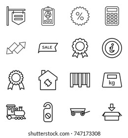 thin line icon set : shop signboard, report, percent, calculator, up down arrow, sale, medal, info, smart house, bar code, heavy, train, do not distrub, trailer, package