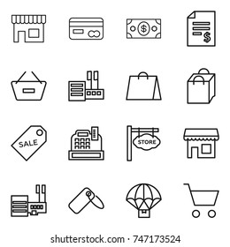 thin line icon set : shop, card, money, account balance, remove from basket, store, shopping bag, sale label, cashbox, signboard, mall, parachute delivery, cart