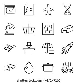 thin line icon set : shop signboard, search document, plane, dna, table lamp, basket, wc, warehouse, package, insurance, rocket, surveillance, drop, pan, tractor