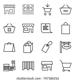 thin line icon set : shop, money, add to cart, remove from basket, delete, shopping list, bag, label, store signboard, mall, bar code