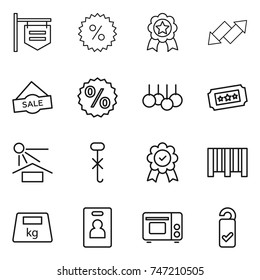 thin line icon set : shop signboard, percent, medal, up down arrow, sale, ticket, sun potection, do not hook sign, bar code, heavy, identity card, grill oven, please clean