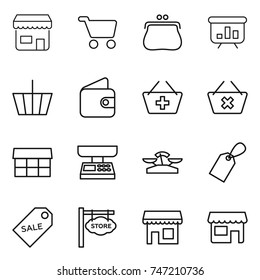 thin line icon set : shop, cart, purse, presentation, basket, wallet, add to, delete, market, scales, label, sale, store signboard