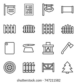 thin line icon set : shop signboard, abacus, fence, pallet, cutting board, fireplace, axe, wheel, farm, spruce