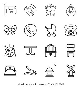 thin line icon set : shop signboard, call, alarm clock, rocket, bow, phone, baby stroller, disco ball, table, dresser, chair, kettle, walnut crack, hand mill, windmill