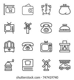 thin line icon set : shop signboard, wallet, alarm clock, purse, tv, windmill, phone, service bell, dresser, fireplace, hand mill, cooking book, car wash