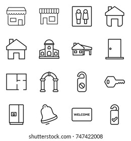 thin line icon set : shop, wc, home, mansion, house with garage, door, plan, arch, do not distrub, key, fridge, bell, welcome mat, please clean