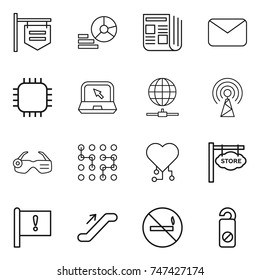 thin line icon set : shop signboard, diagram, newspaper, mail, chip, notebook, globe connect, antenna, smart glasses, cardio, store, important flag, escalator, no smoking, do not distrub