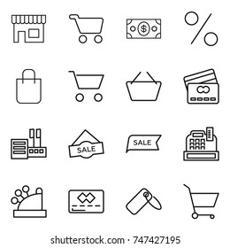 thin line icon set : shop, cart, money, percent, shopping bag, basket, credit card, store, sale, cashbox, label