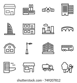 thin line icon set : shop, store, drawbridge, houses, skyscraper, modular house, city, bridge, outdoor light, office, bus, hotel, sweeper, garden cleaning