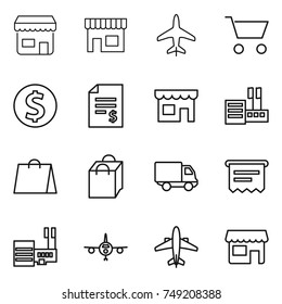 thin line icon set : shop, plane, cart, dollar coin, account balance, store, shopping bag, delivery, atm receipt, mall, airplane