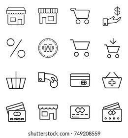 thin line icon set : shop, cart, investment, percent, crypto currency, add to, basket, hand coin, credit card