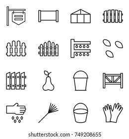 thin line icon set : shop signboard, fence, greenhouse, watering, seeds, pear, bucket, farm, sow, rake, gloves