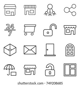 Thin Line Icon Set : Shop, Share, 24 7, Delivery, Unlock, Box, Mail, Door, Arch Window, Insurance, Unlocked