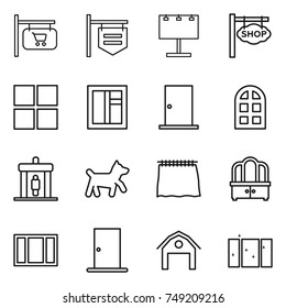 thin line icon set : shop signboard, billboard, window, door, arch, detector, dog, curtain, dresser, barn, clean