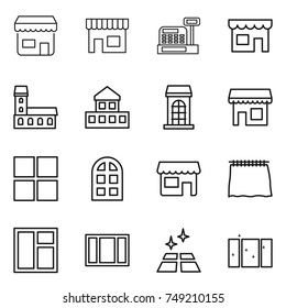 thin line icon set : shop, cashbox, mansion, cottage, building, window, arch, curtain, clean floor
