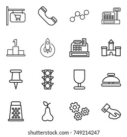 thin line icon set : shop signboard, phone, graph, cashbox, pedestal, rocket, castle, pin, traffic light, fragile, service bell, grater, pear, gears, wiping