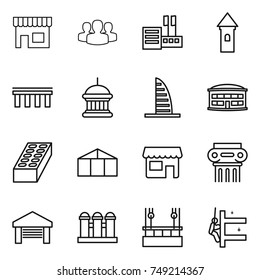 thin line icon set : shop, group, store, tower, bridge, goverment house, skyscraper, airport building, brick, greenhouse, antique column, garage, grain elevator, skysrcapers cleaning, skyscrapers